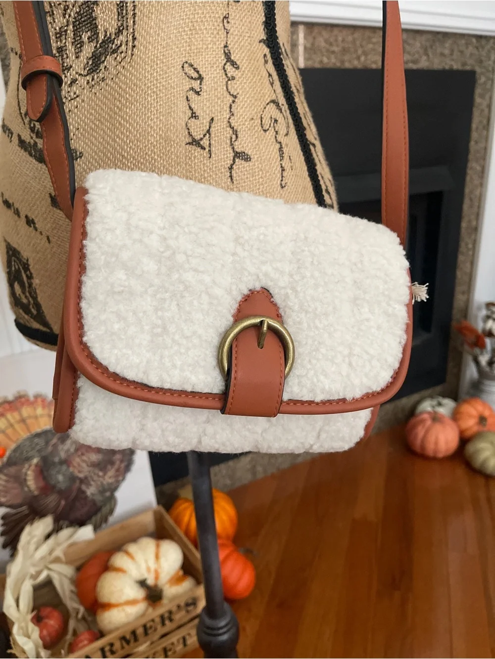 Universal Thread Cream Brown Sherpa Crossbody Purse Bag NWT